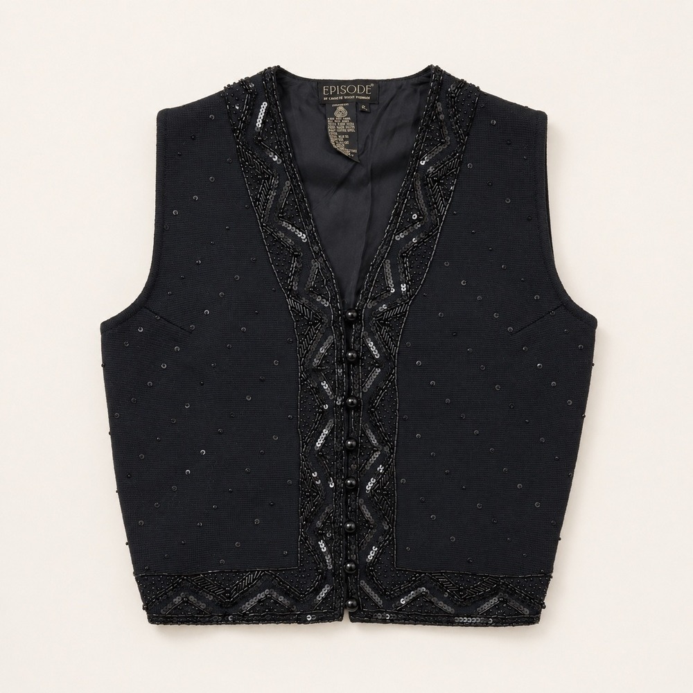 Episode Carolyn Wight Freeman Beaded Sequin Wool Vest Black Vintage Women Small